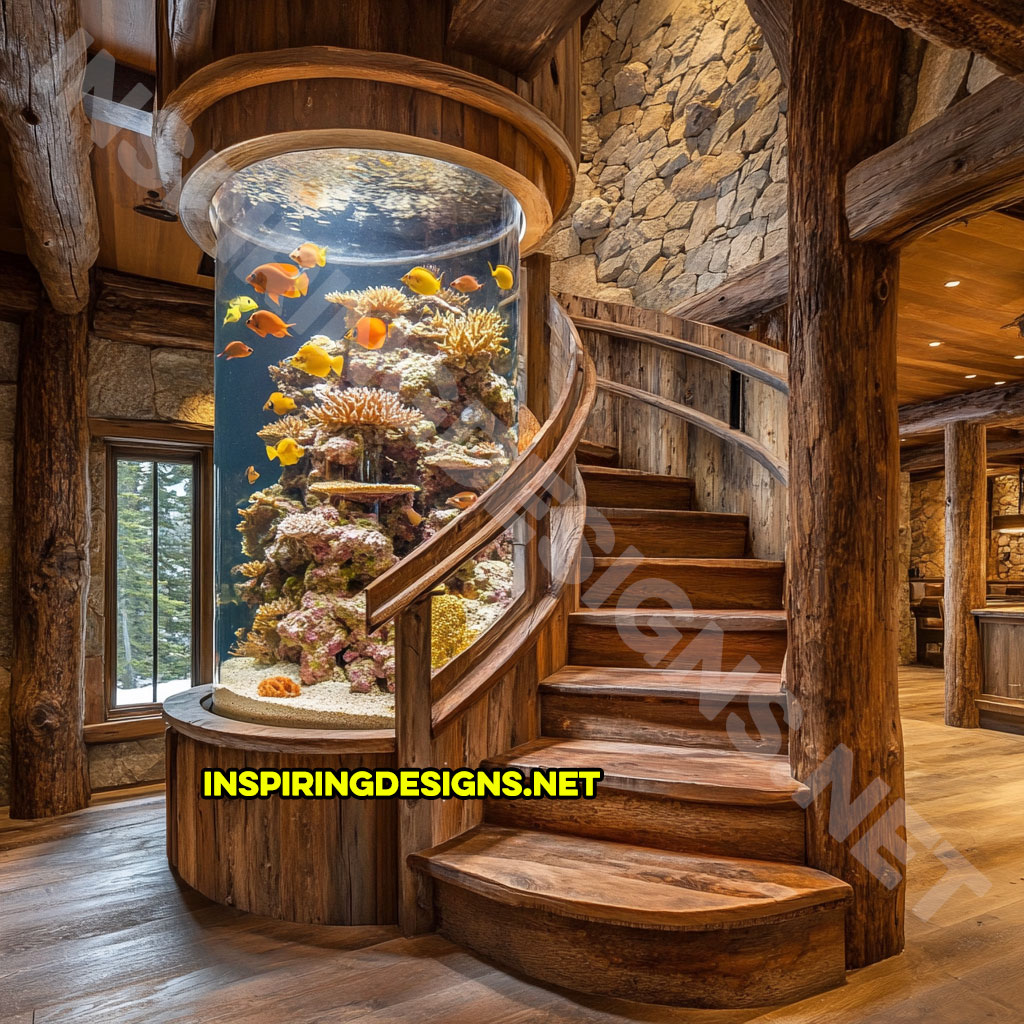 spiral staircase aquarium in a rustic wood design