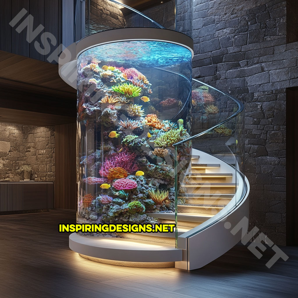 spiral staircase aquarium in a modern design