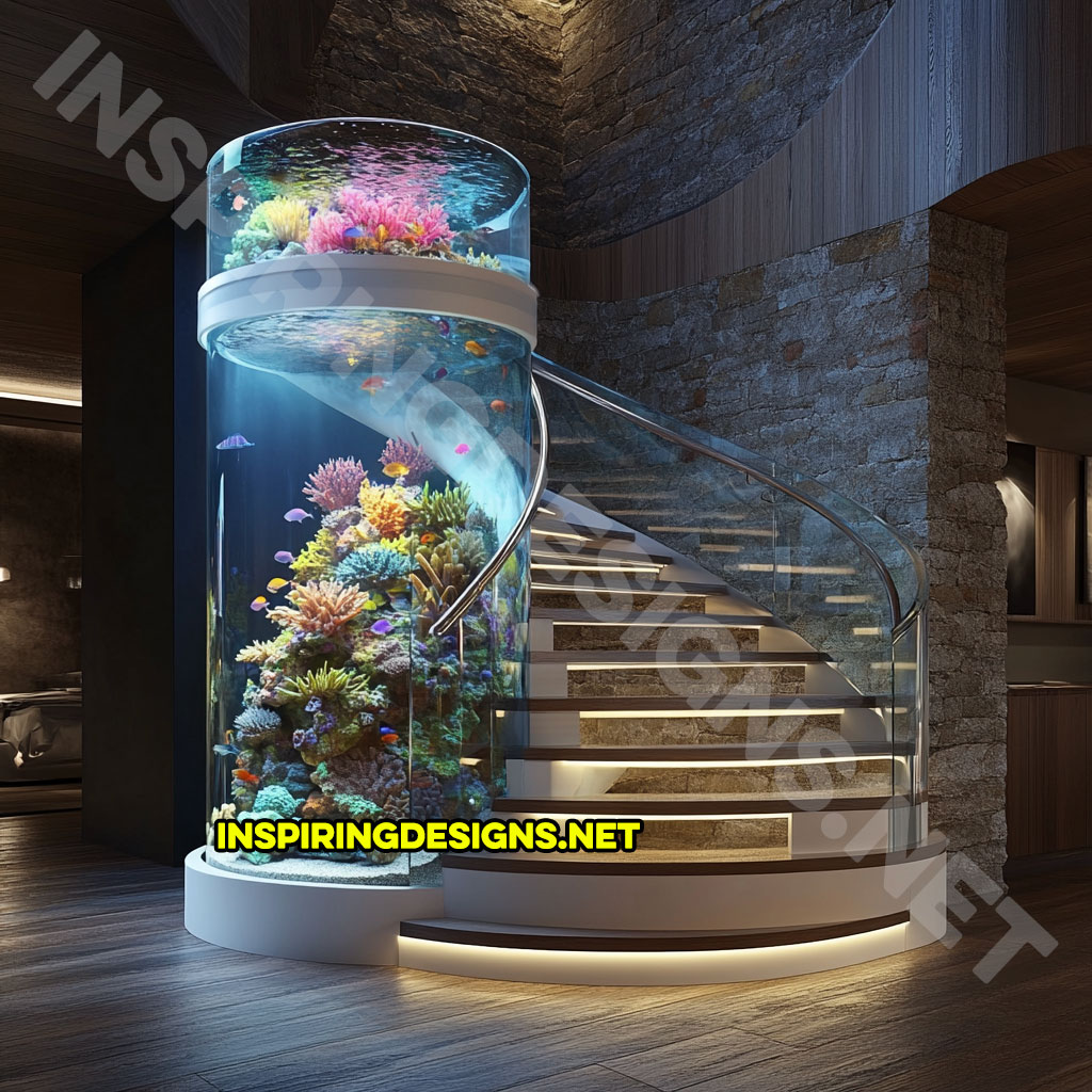 spiral staircase aquarium in a modern design