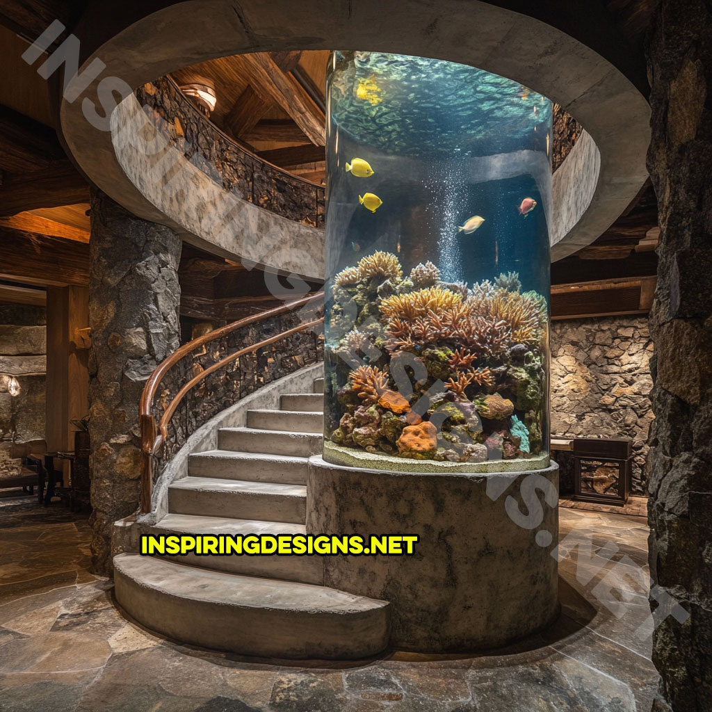 spiral staircase aquarium in a stone design