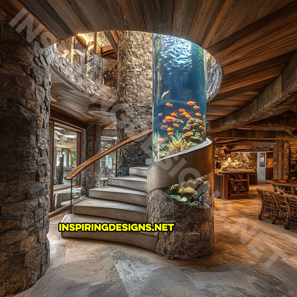 spiral staircase aquarium in a concrete and stone design