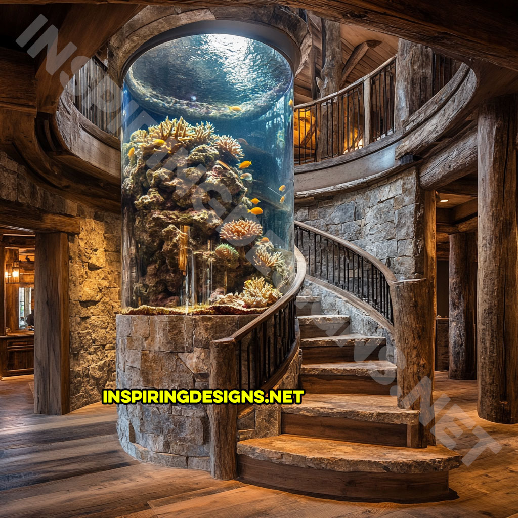 spiral staircase aquarium in a stone design