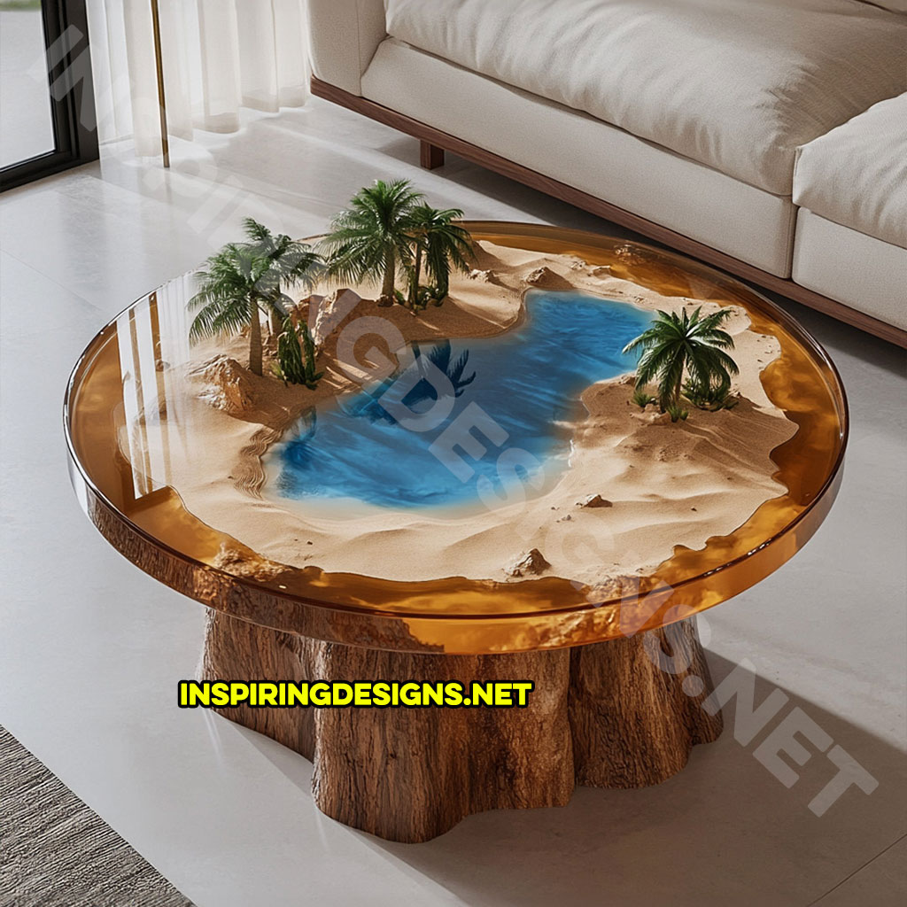 active scene coffee table with a desert oasis design