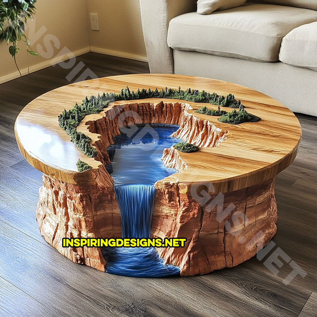 active scene coffee table with a canyon river design