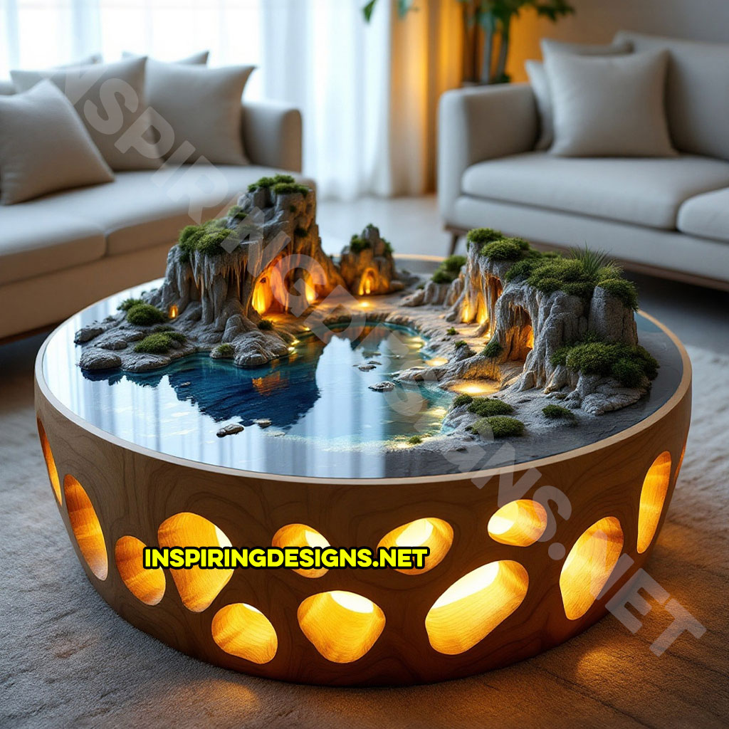 active scene coffee table with a rock cave design