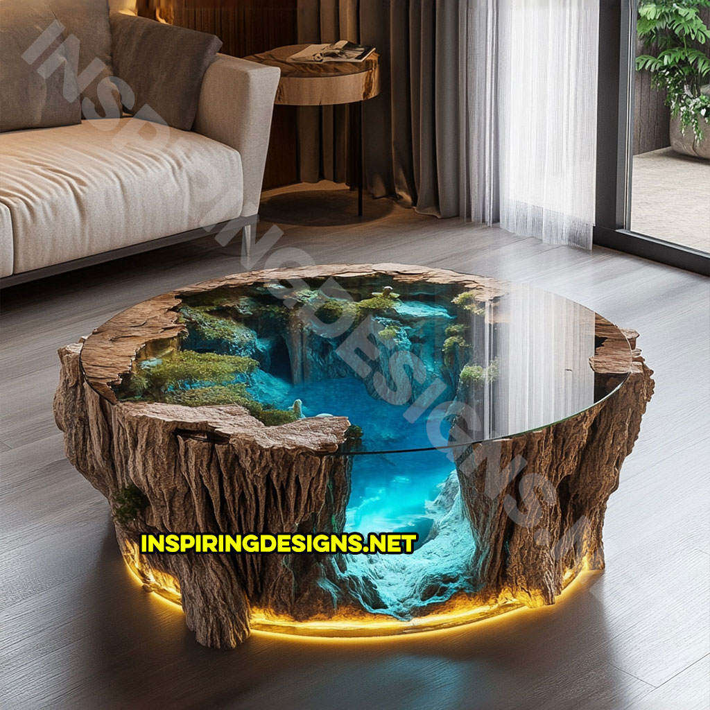 active scene coffee table with a rock cave design