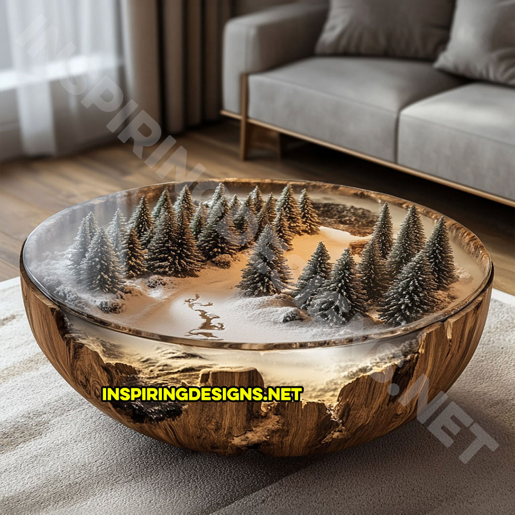 active scene coffee table with a wintery forest design