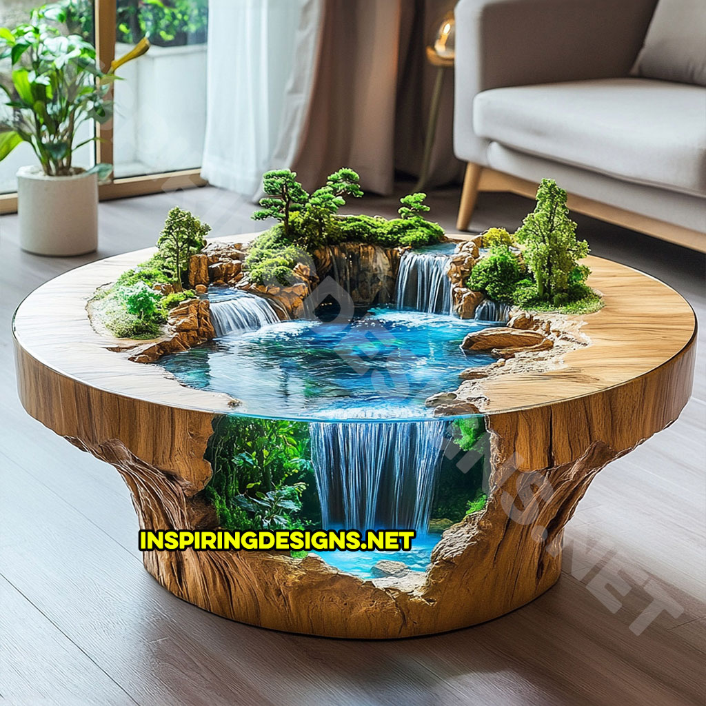 active scene coffee table with a waterfall design