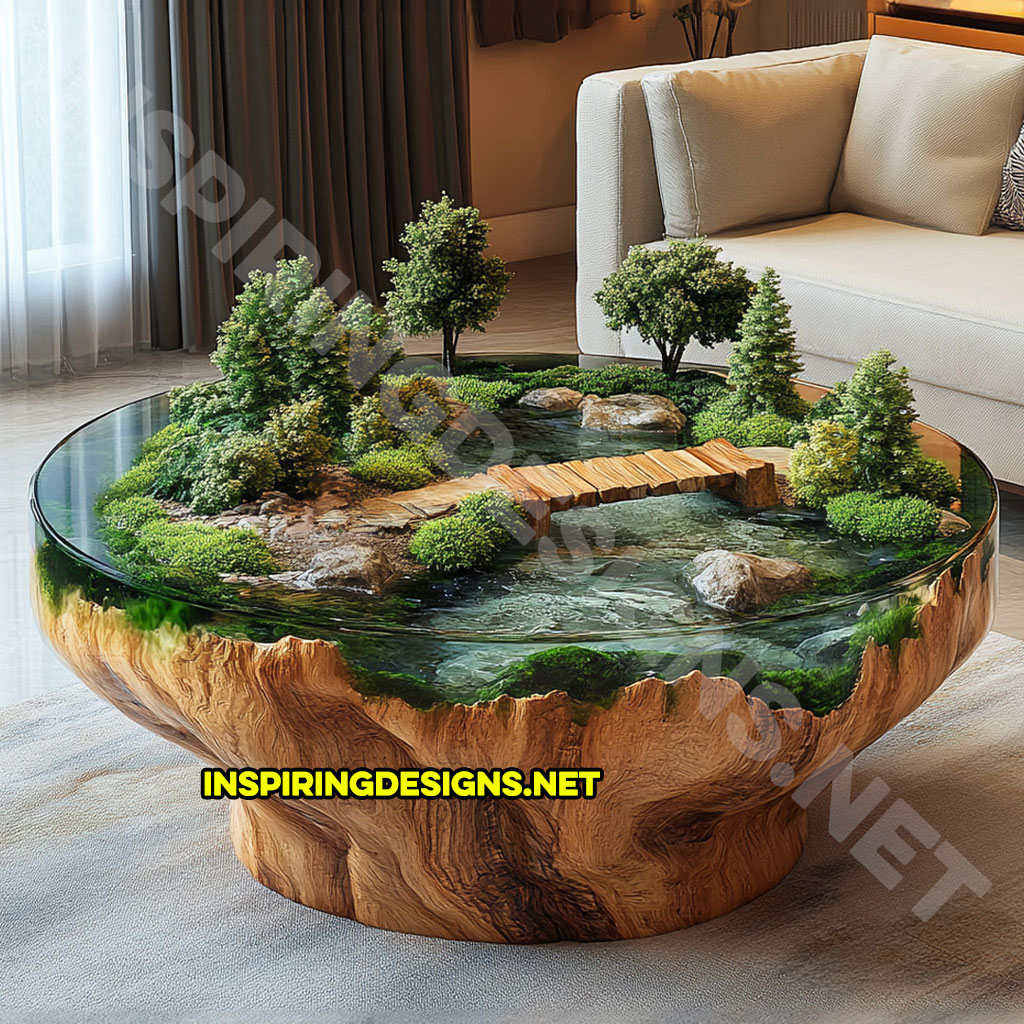 active scene coffee table with a creek and bridge design