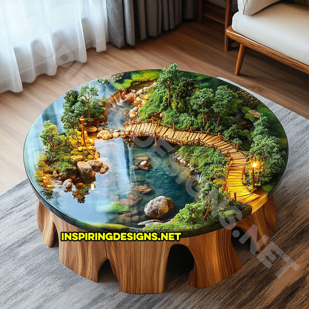 active scene coffee table with a forest creek design