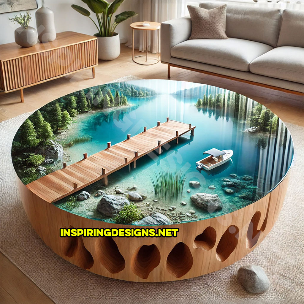 active scene coffee table with a dock and lake design