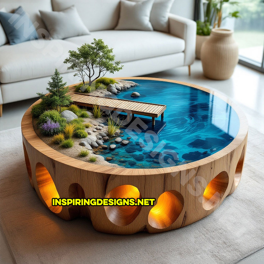 active scene coffee table with a dock and pond design