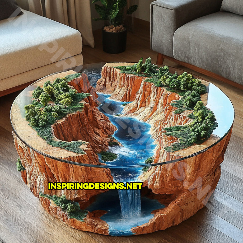 active scene coffee table with a canyon river design