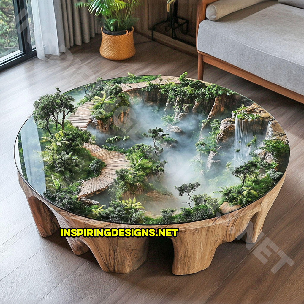 active scene coffee table with a foggy jungle design