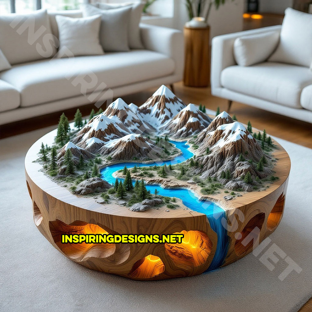 active scene coffee table with a mountain and river design