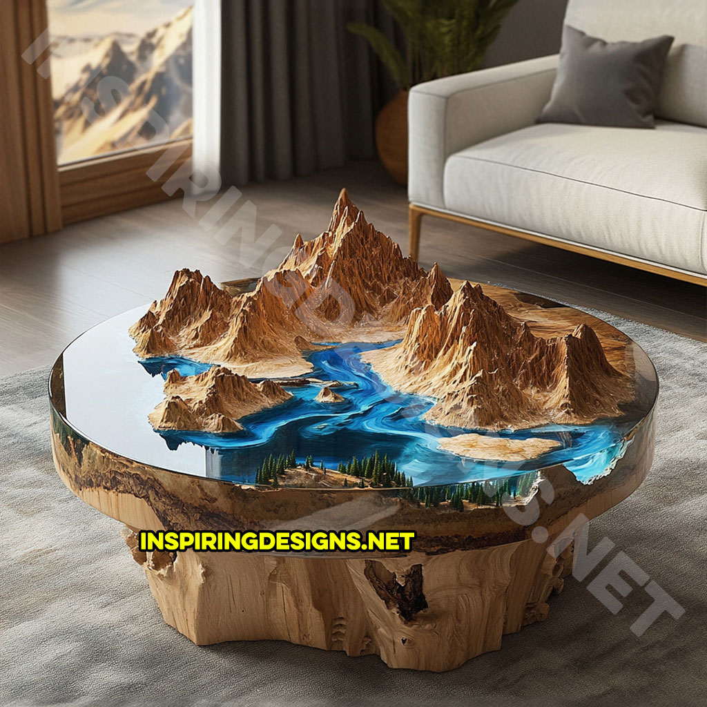 active scene coffee table with a mountain range river design