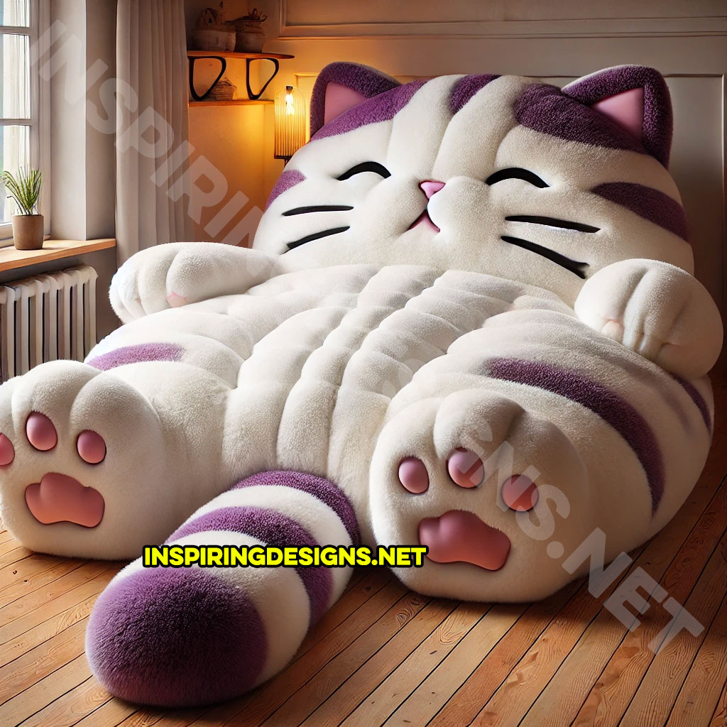 giant cat shaped bed in a purple and white color