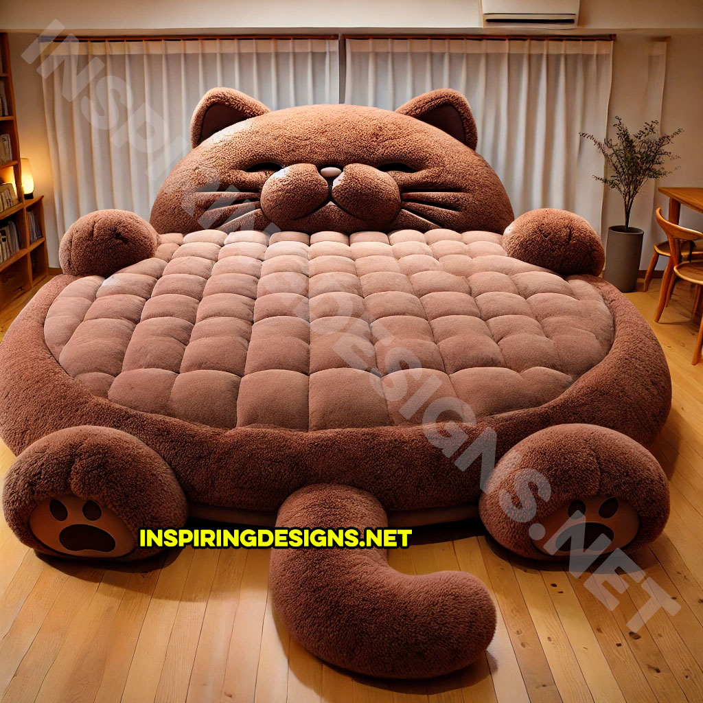 giant cat shaped bed in an all brown color