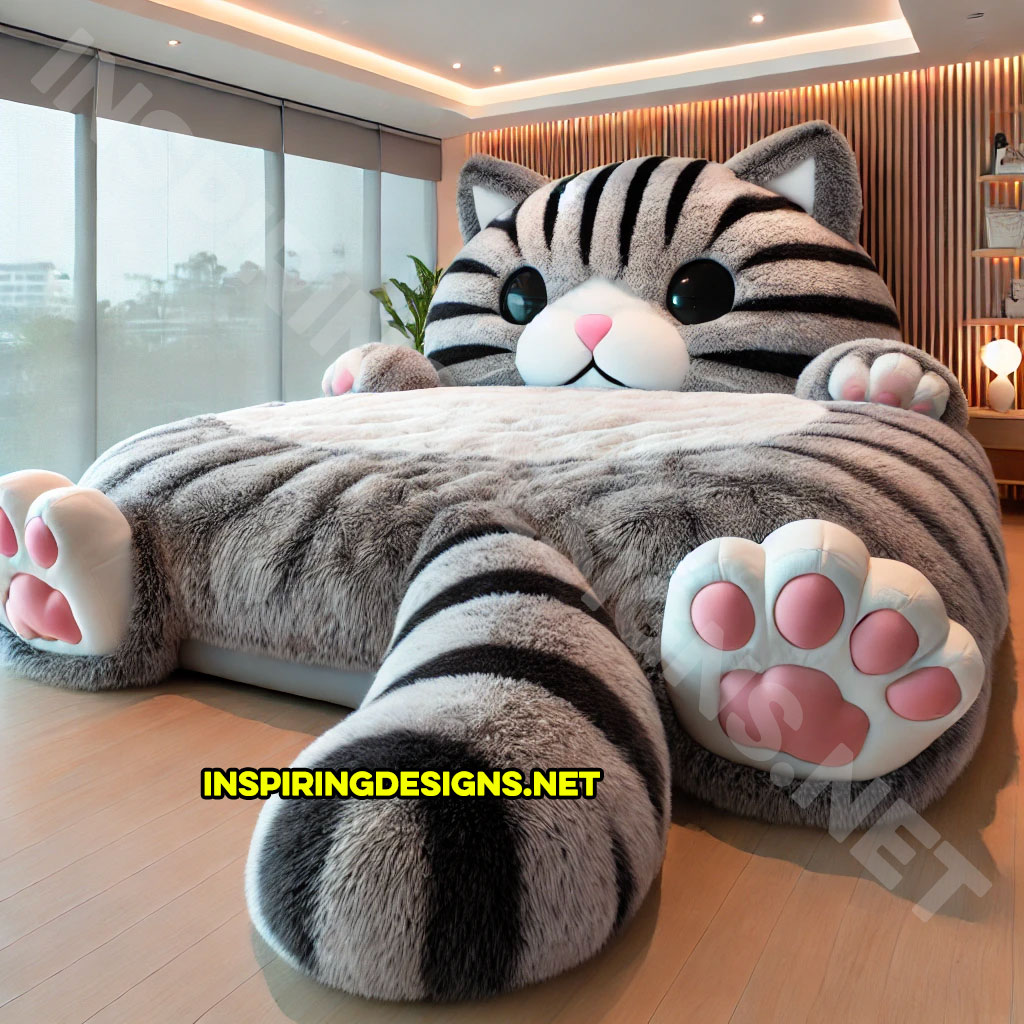 giant cat shaped bed in a grey and white color