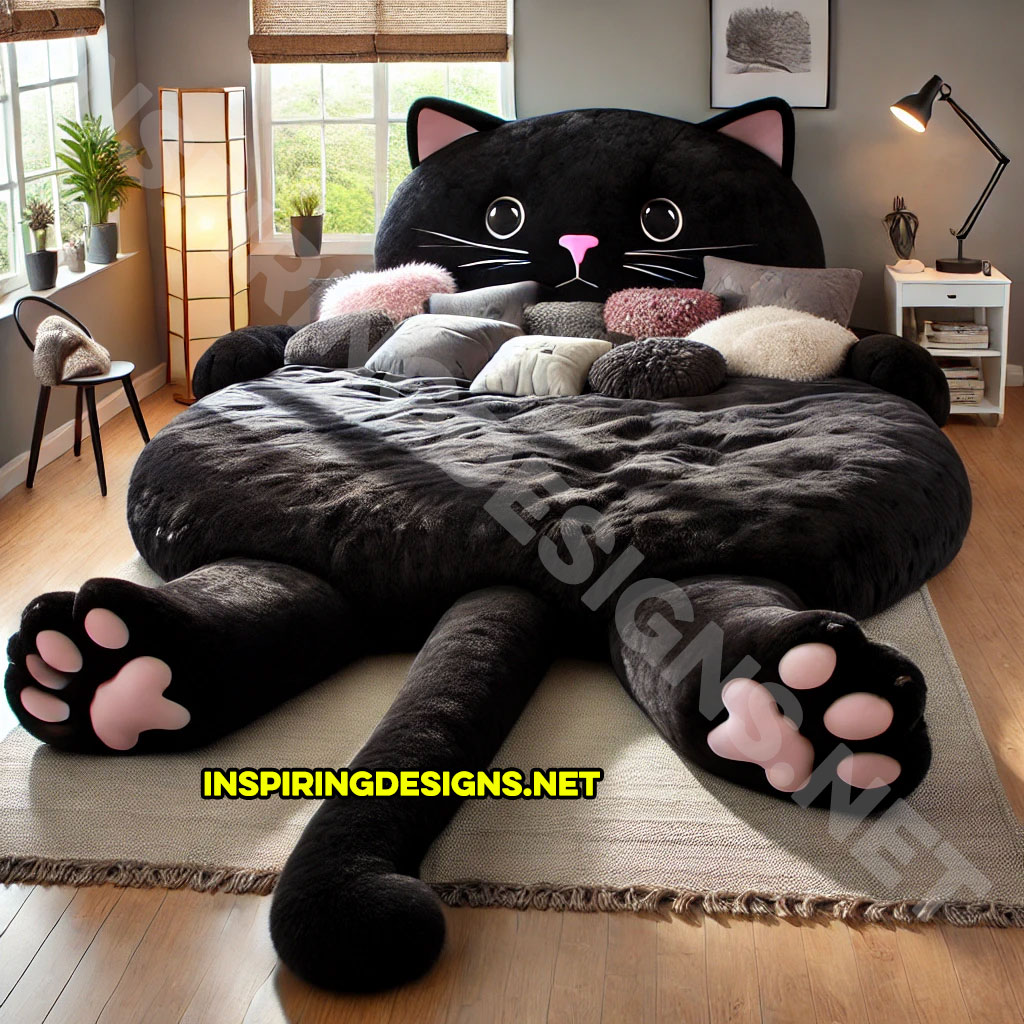 giant cat shaped bed in an all black color