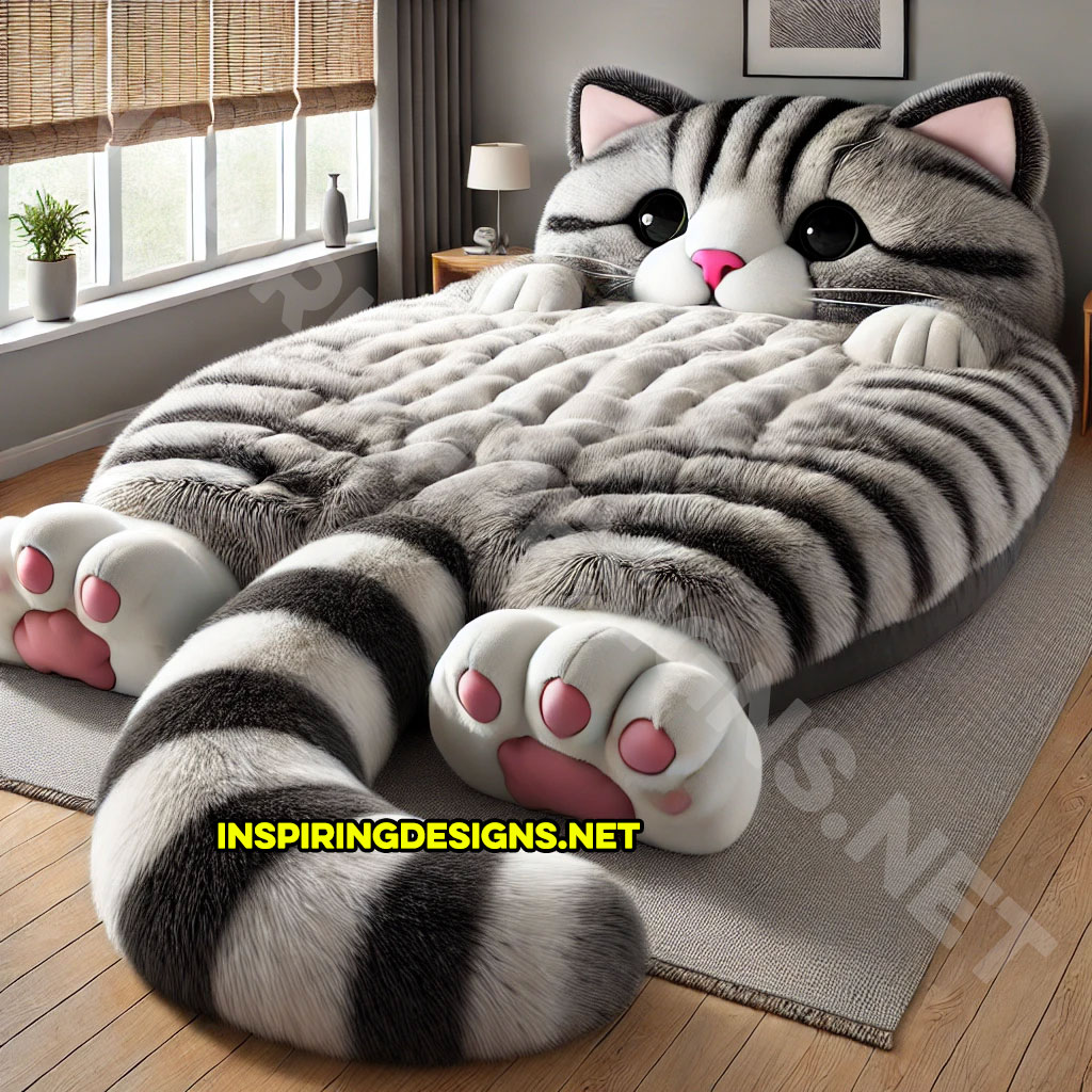 giant cat shaped bed in a black and white color