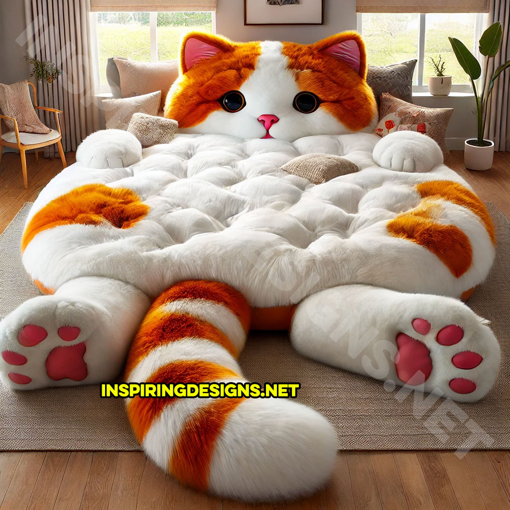 giant cat shaped bed in a orange and white color