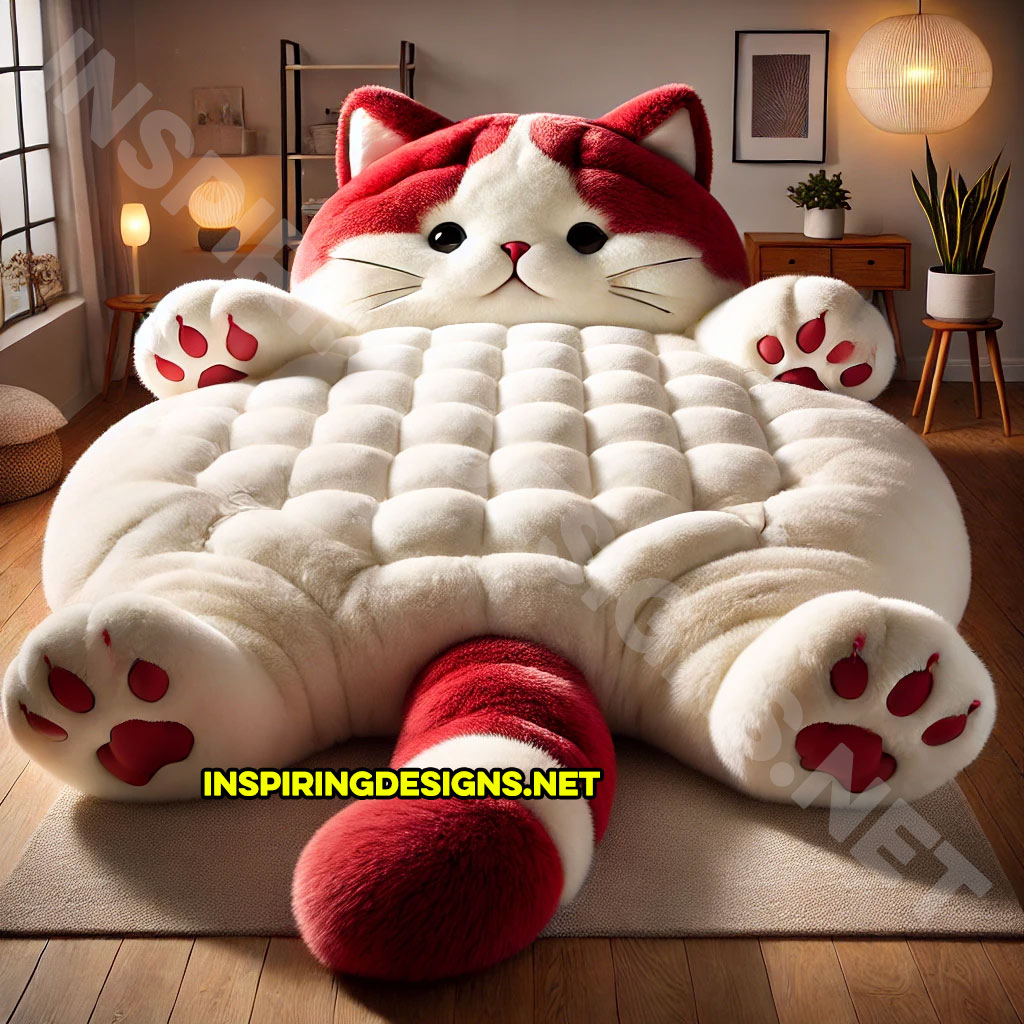 giant cat shaped bed in a red and white color