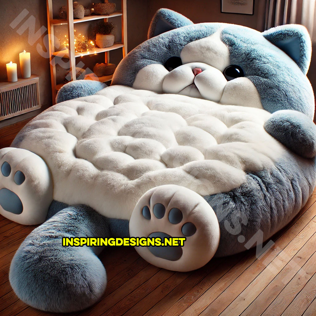 giant cat shaped bed in a blue and white color