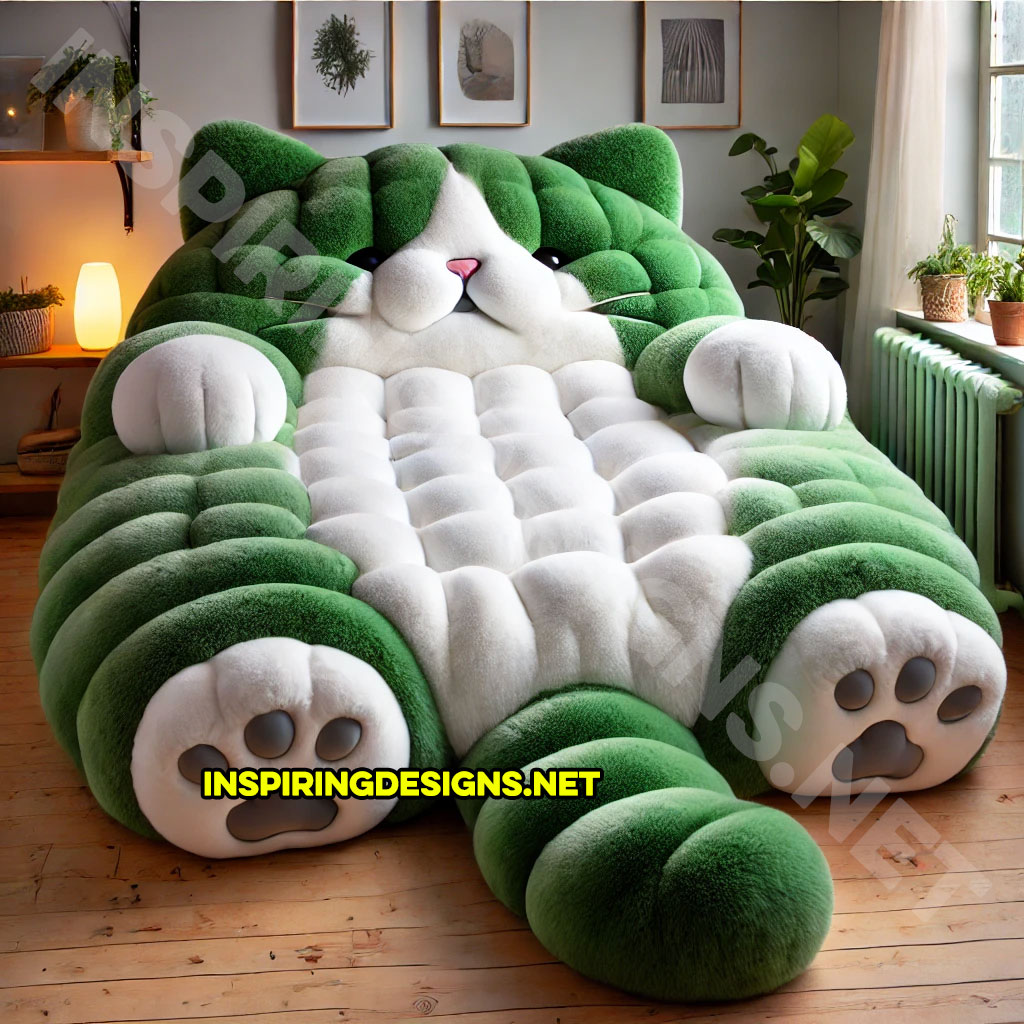 giant cat shaped bed in a green and white color