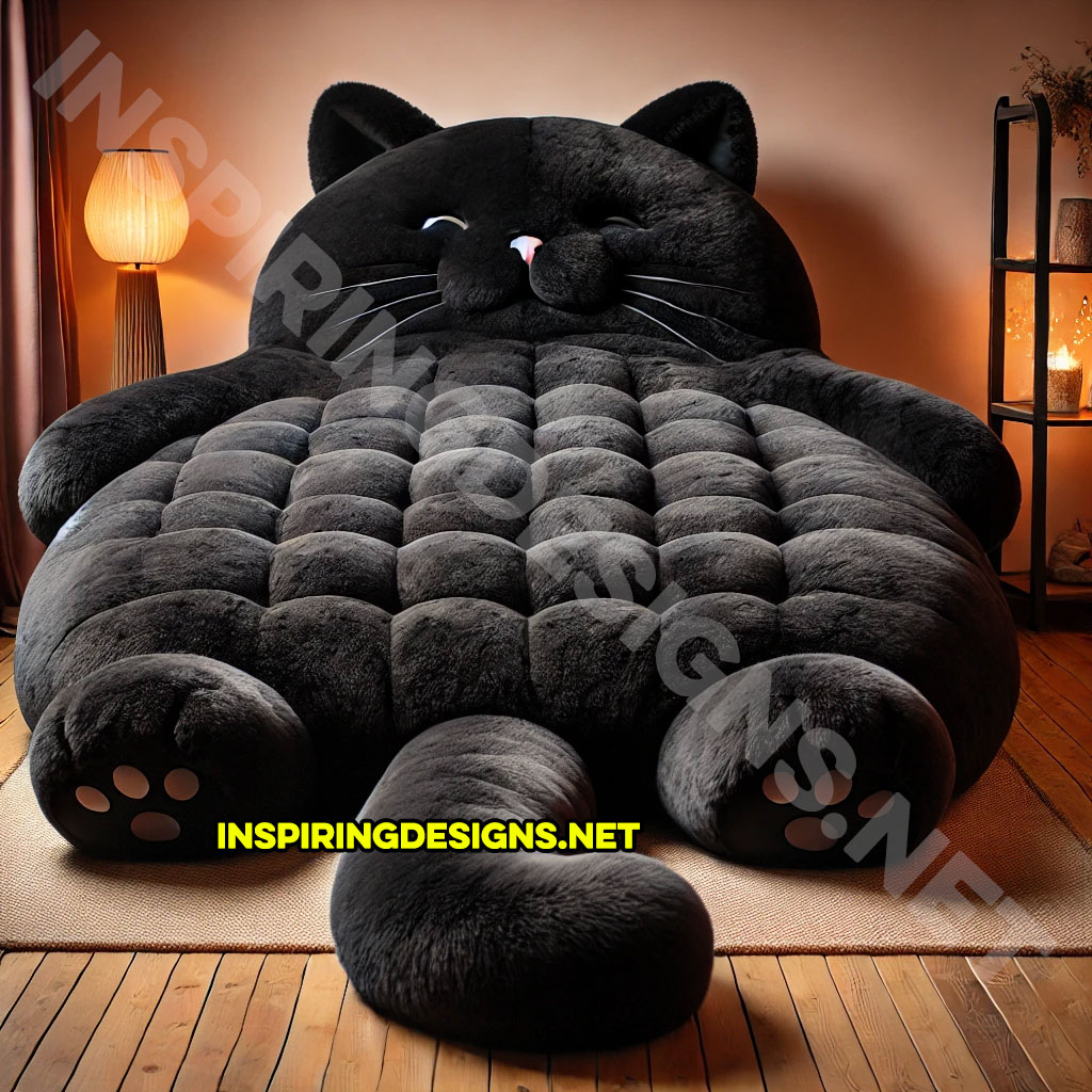 giant cat shaped bed in an all black color