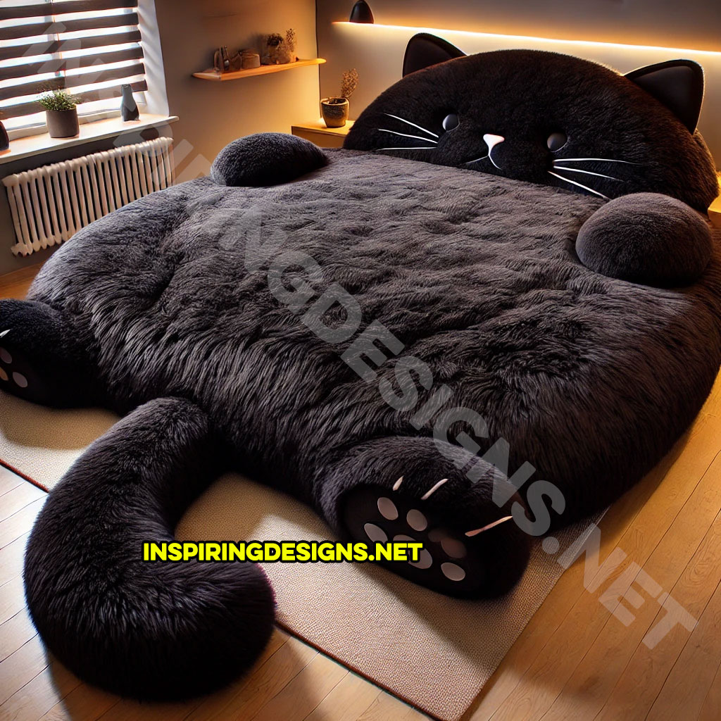 giant cat shaped bed in an all black color