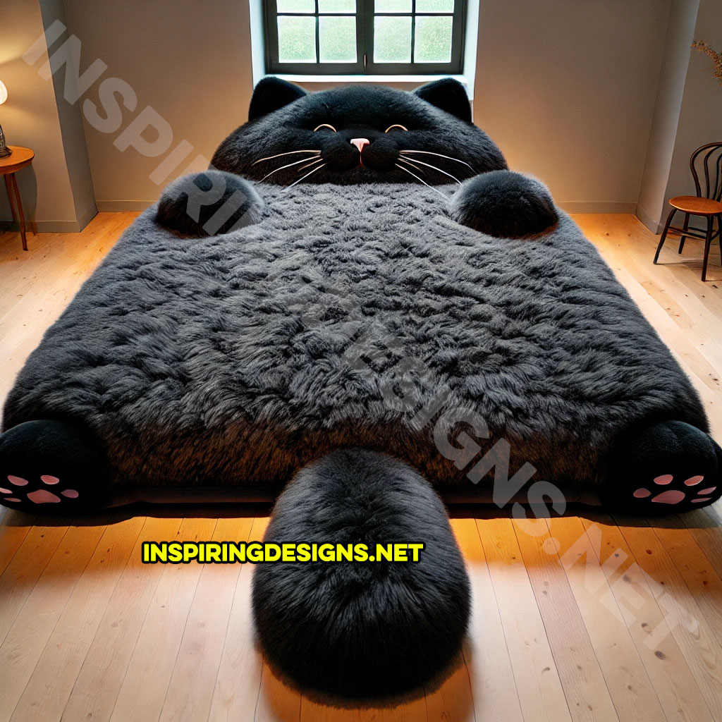 giant cat shaped bed in an all black color