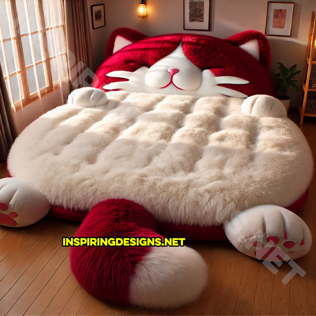 giant cat shaped bed in a red and white color