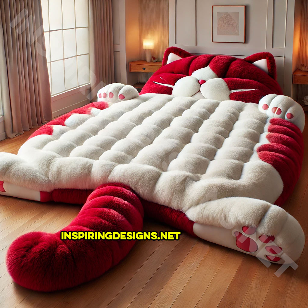 giant cat shaped bed in a red and white color