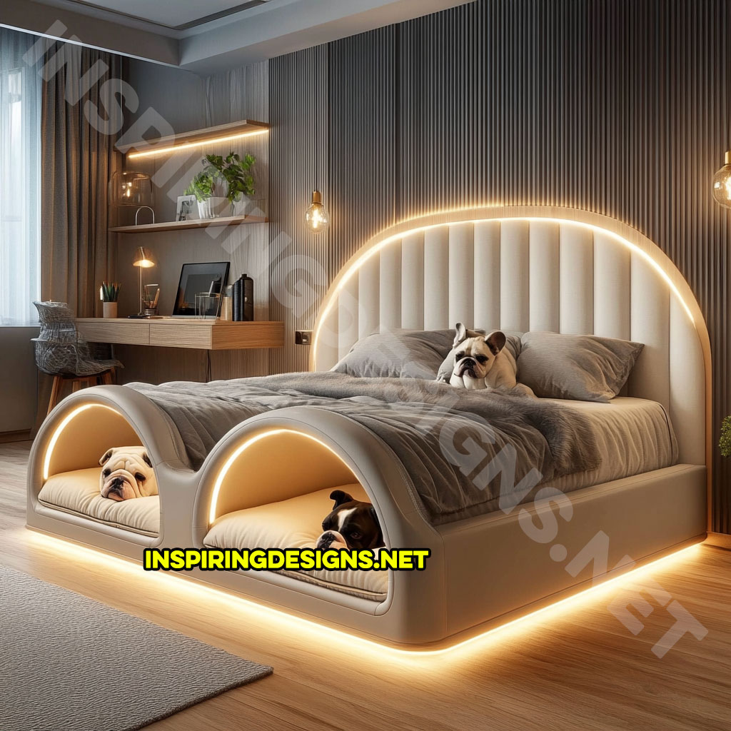 bed frame with built-in dog bed pods in a light grey and white color