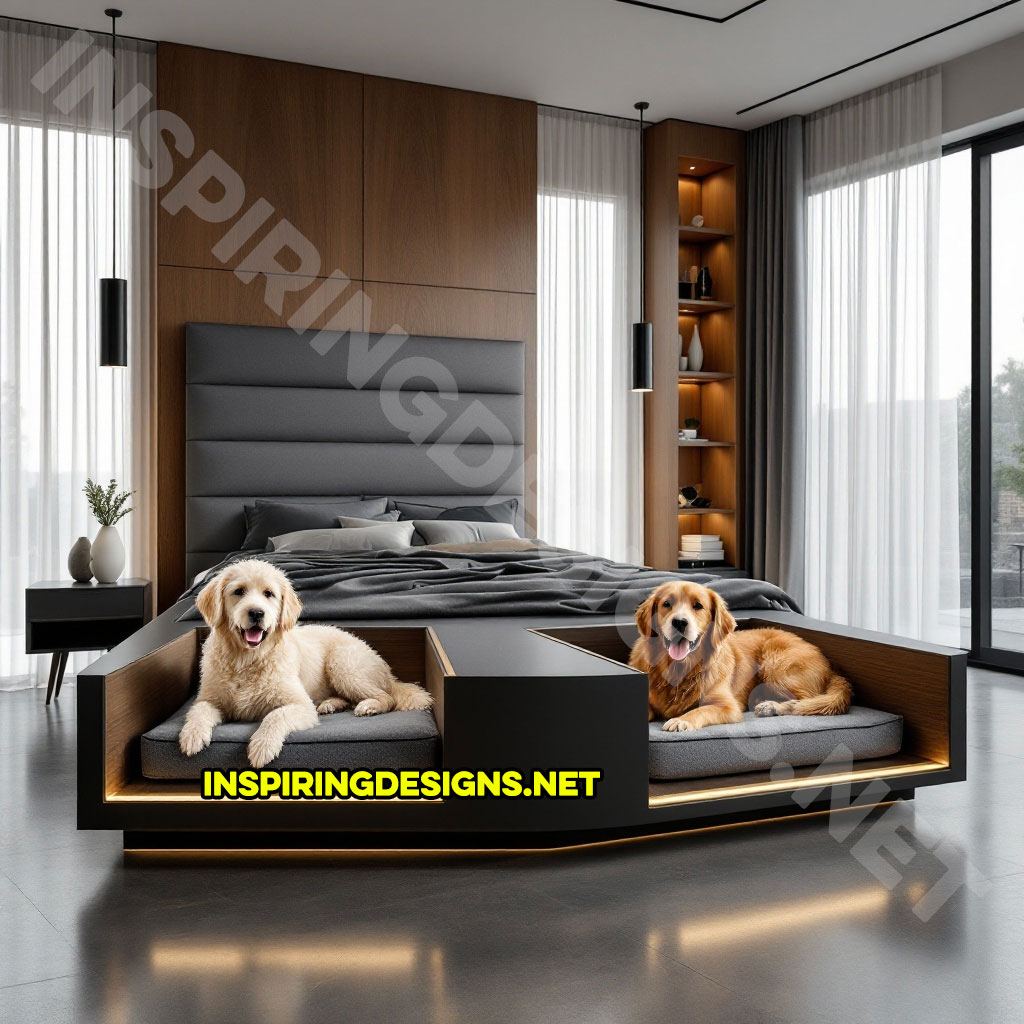 bed frame with built-in dog bed pods in a black modern design