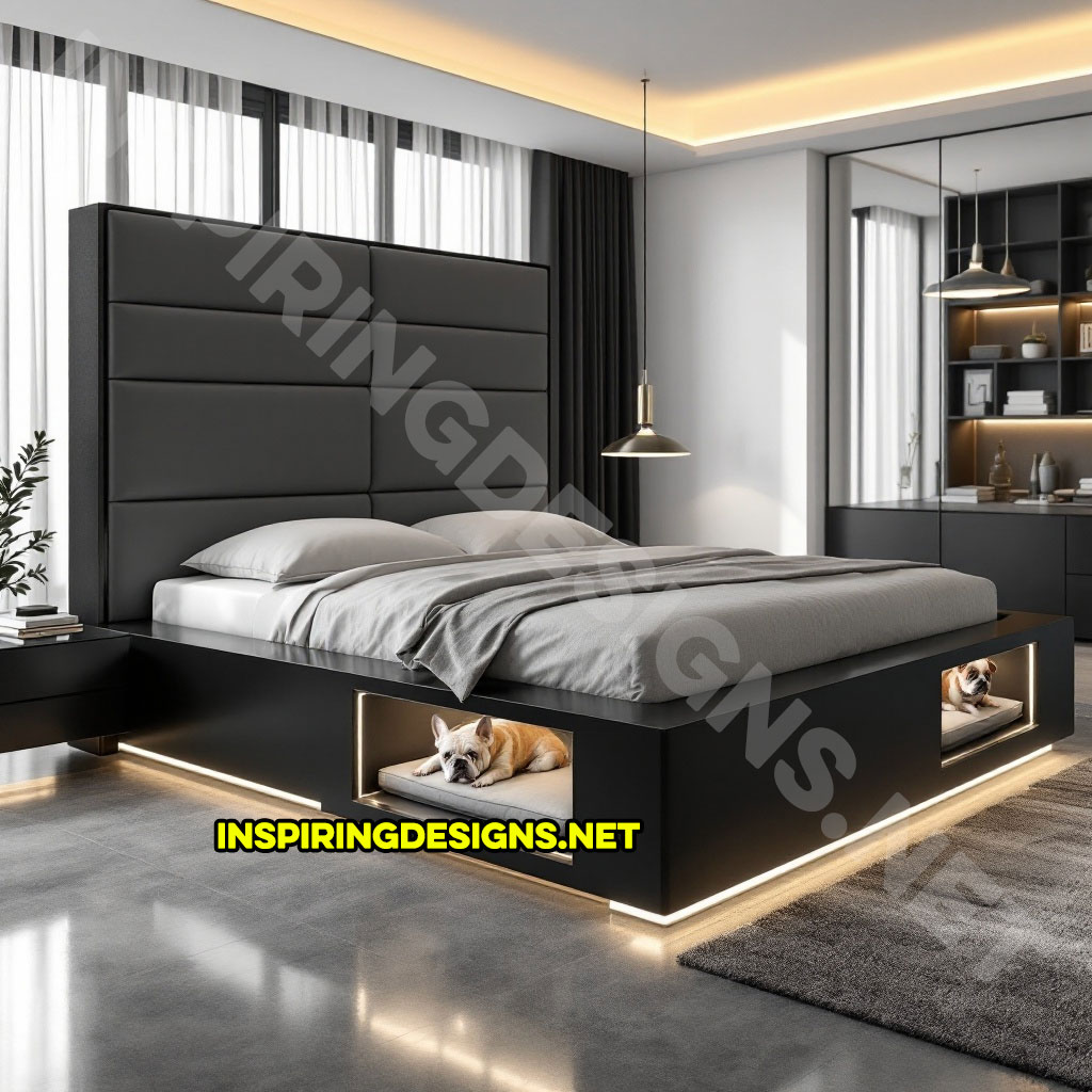 bed frame with built-in dog bed pods in a black color