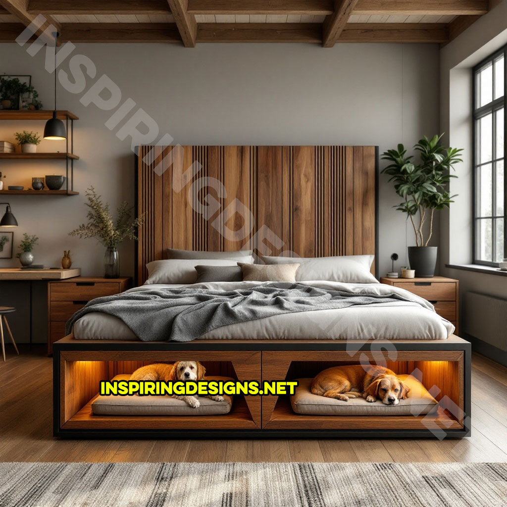 bed frame with built-in dog bed pods in a rustic wood