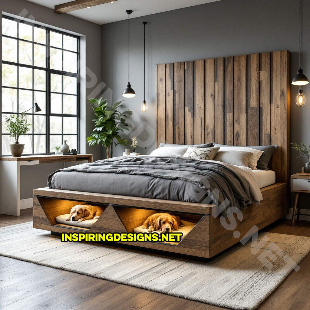 bed frame with built-in dog bed pods in a rustic wood design