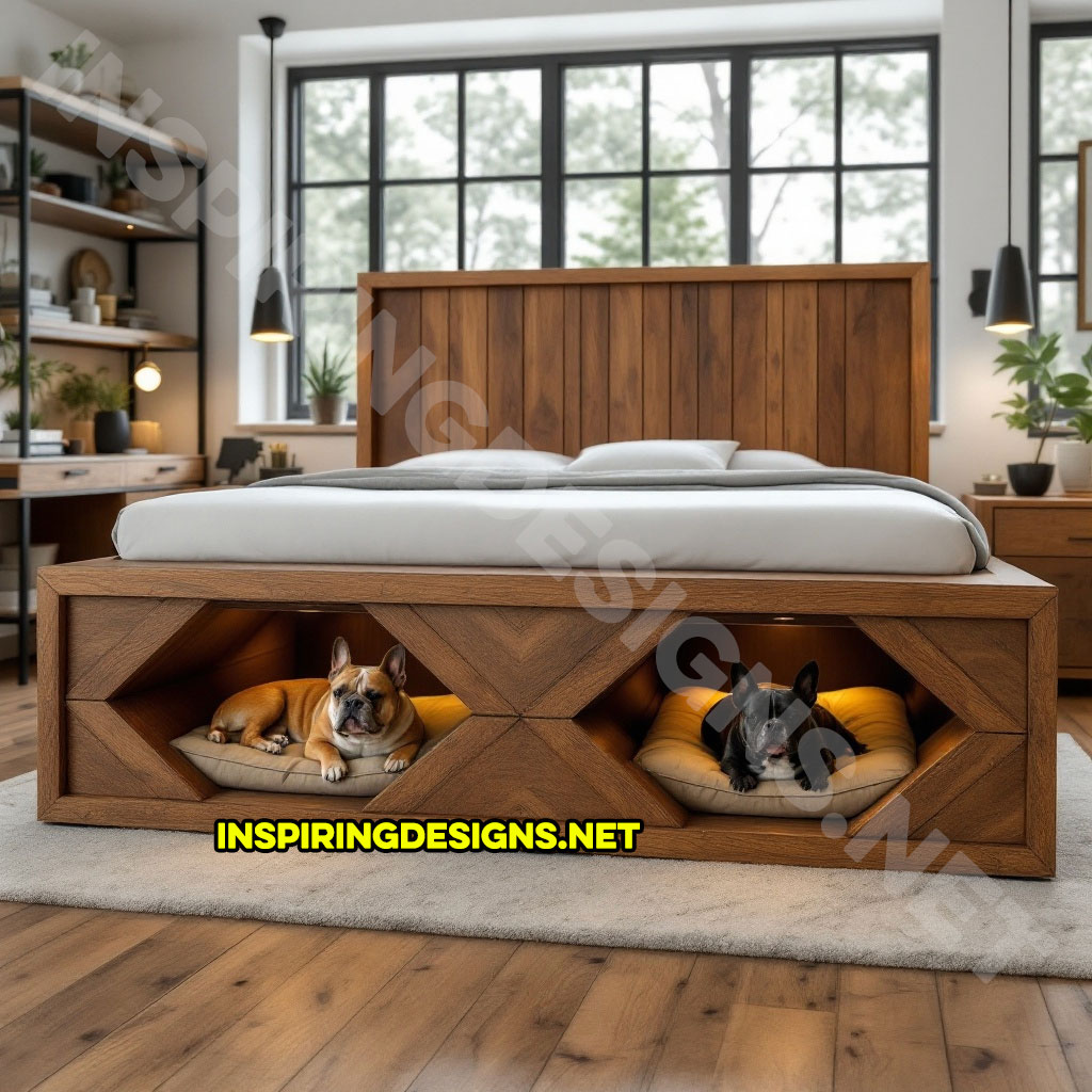 bed frame with built-in dog bed pods in a rustic wood design