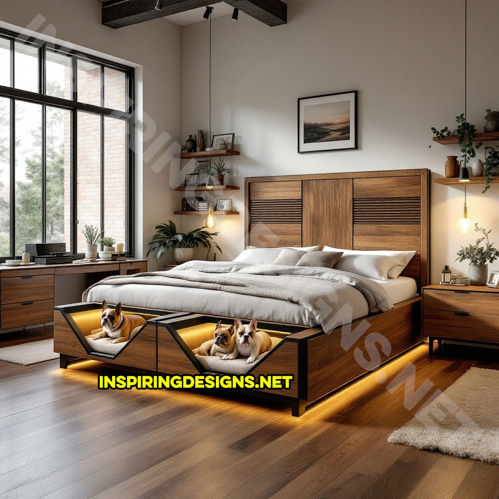 bed frame with built-in dog bed pods in a rustic wood design