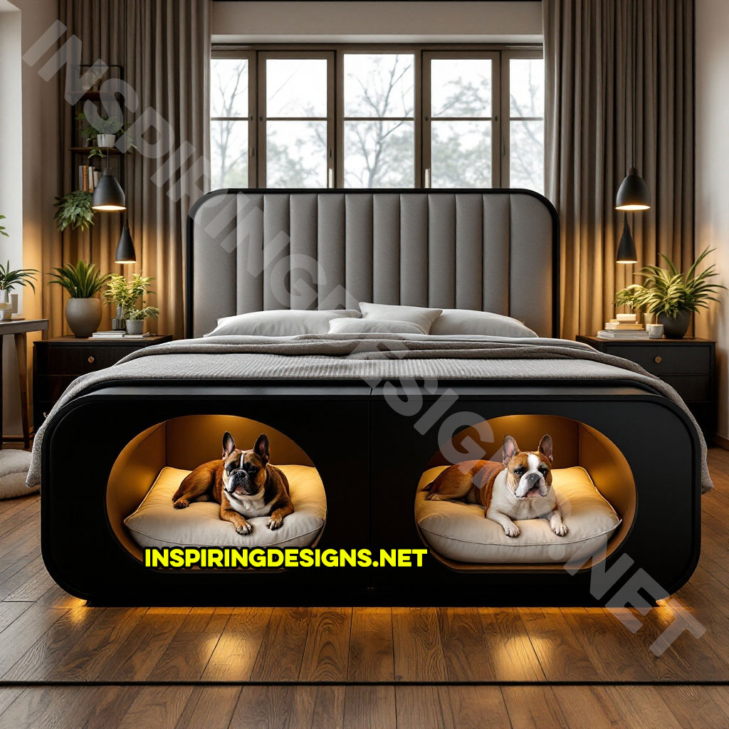 bed frame with built-in dog bed pods in a light grey and black color