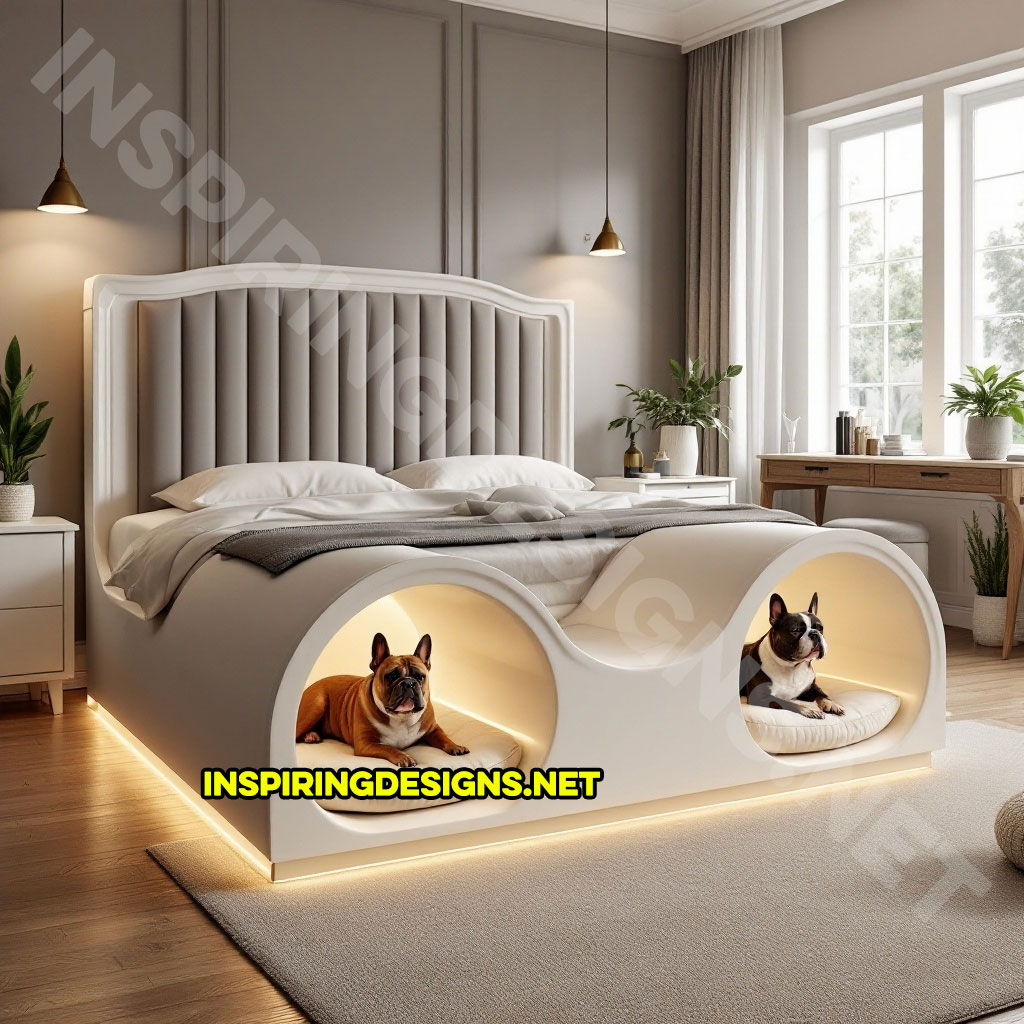 bed frame with built-in dog bed pods in a white and grey color