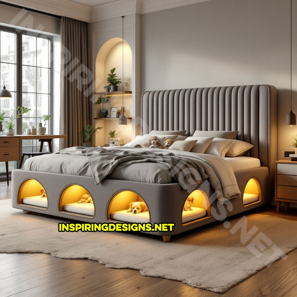 bed frame with built-in dog bed pods in a light grey color