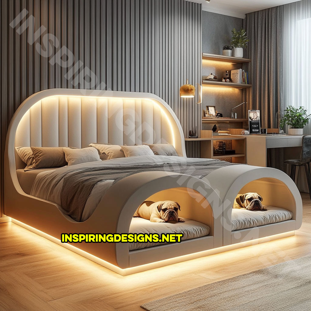 bed frame with built-in dog bed pods in a light grey color