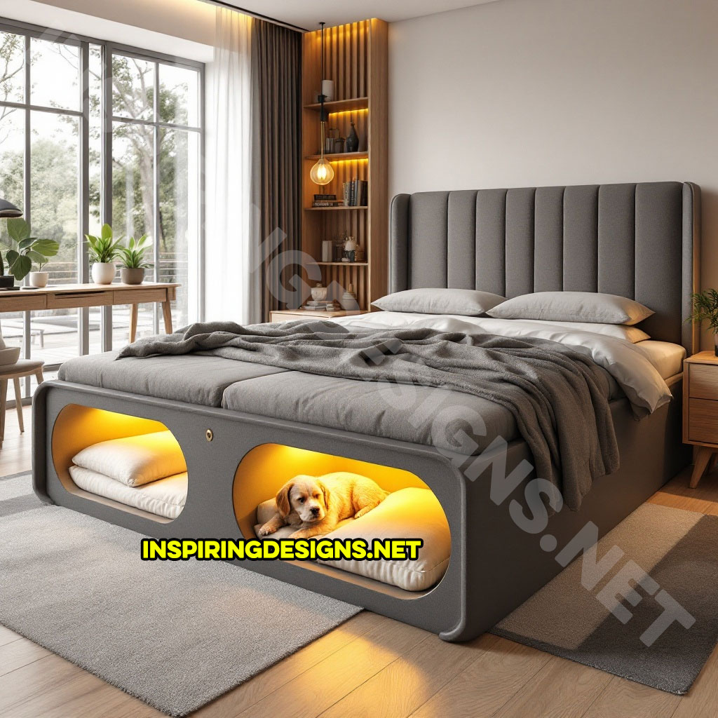 bed frame with built-in dog bed pods in a dark grey color