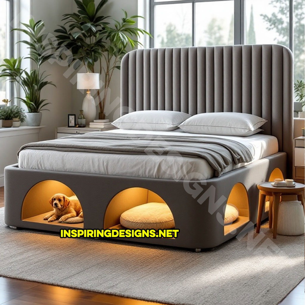 bed frame with built-in dog bed pods in a dark grey color