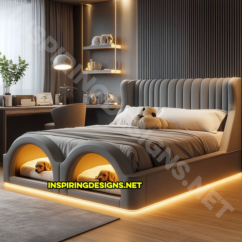 bed frame with built-in dog bed pods in a light grey color