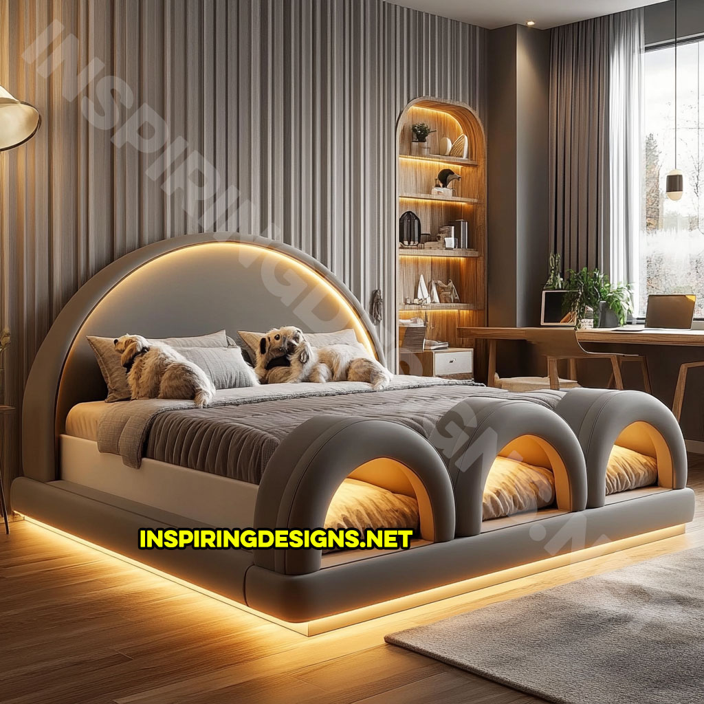 bed frame with built-in dog bed pods in a light grey color