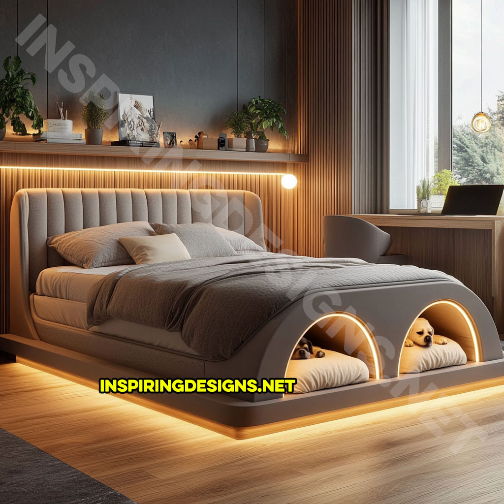 bed frame with built-in dog bed pods in a light grey color